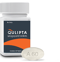 Bottle of QULIPTA and a white round 60mg QULIPTA pill with A 60 lettering